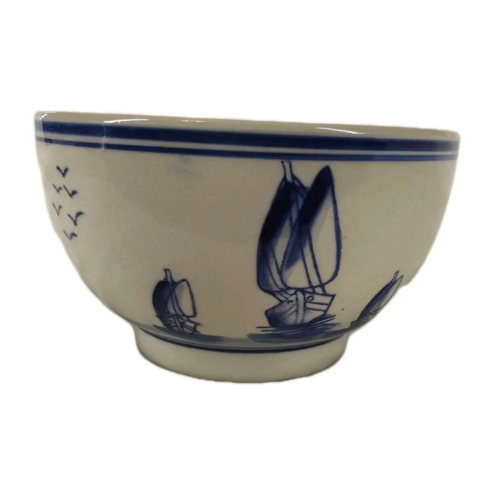 Vintage Delft Style Ceramic Cereal Bowl Blue & Cream Holland Windmills Sailboats